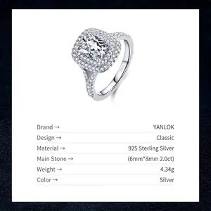 Bague luxueuse en argent S925 avec zircon rectangulaire 2ct et design double halo