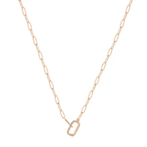 Rose gold paperclip chain necklace featuring a minimalist micro-pave rectangular pendant