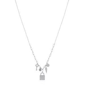 S925 sterling silver layered necklace with pavé cz lock, key and mixed chain design