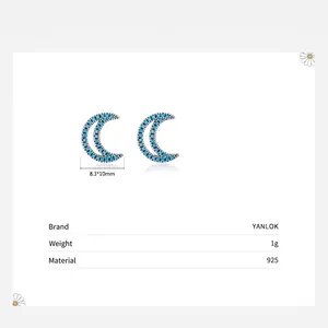 Minimalist sterling silver moon stud earrings with blue turquoise stones and dimensions