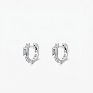 925 Sterling Silver Huggie Hoop Earrings Minimalist Geometric Inlaid Rhinestone Dainty Ear Buckles Fashion Jewelry Women