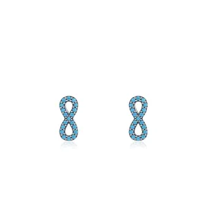 Silver infinity stud earrings with turquoise stones in a symmetrical professional shot