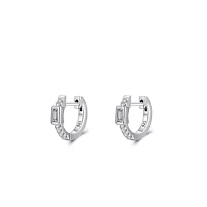 S925 sterling silver hoop earrings with a rectangular zircon and pavé setting on white background