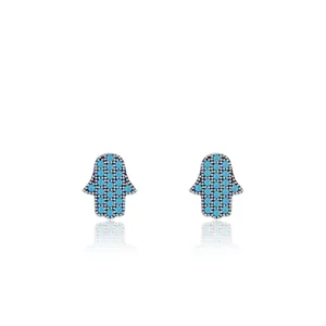 S925 sterling silver Hamsa hand stud earrings with turquoise beads on white background