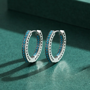 925 silver hoop earrings with blue turquoise stones and hollow heart patterns
