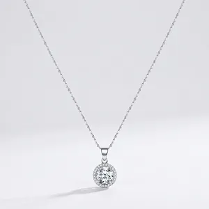 Collier en Argent Sterling 925 avec Zirconia Brillant Élégant Pendentif Rond Halo Chaîne Vénitienne pour Femme