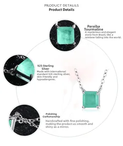 Macro detail of square Paraiba tourmaline stone and S925 sterling silver chain craftsmanship