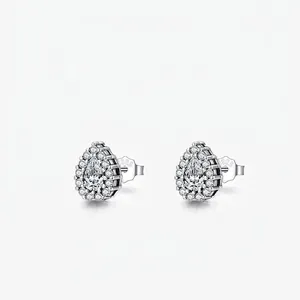 925 Sterling Silver Teardrop Stud Earrings For Women Clear Rhinestone Waterdrop Halo Earrings Elegant Fashion Jewelry Gift
