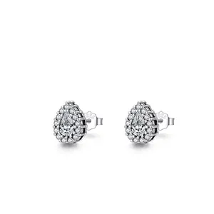 Elegant S925 sterling silver pear-shaped stud earrings with sparkling pave-set diamonds