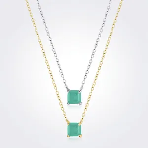 925 Sterling Silver Square Green Rhinestone Pendant Necklace For Women Minimalist Geometric Emerald Cut Jewelry Gift
