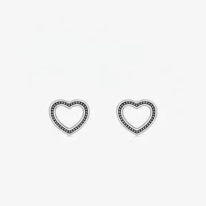 925 Sterling Silver Hollow Heart Stud Earrings For Women Vintage Black Milgrain Edge Zirconia Inlaid Minimalist Jewelry