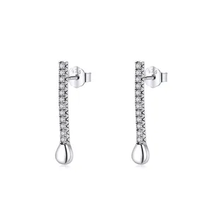 Elegant S925 sterling silver bar earrings with micro-set crystals and drop detail