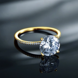 Elegant gold plated S925 silver ring with round zircon solitaire and pavé accents