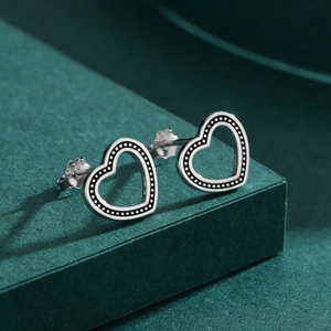Vintage hollow heart sterling silver stud earrings with beaded texture and S925 stamp