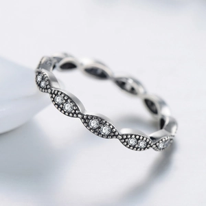 Vintage S925 sterling silver wave ring with micro-pave cubic zirconia and milgrain edges