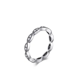 Elegant S925 sterling silver wavy ring with micro-paved white cubic zirconia stones