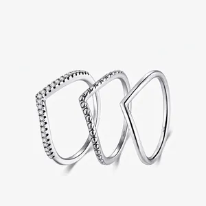 925 Sterling Silver Chevron Ring For Women Minimalist V-Shape Beaded Rhinestone Stackable Geometric Band Fashion Jewelry Finger Ring