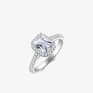 Luxurious 925 Sterling Silver Zirconia Ring For Women Emerald Cut Rectangle Halo Vintage Engagement Wedding Finger Ring