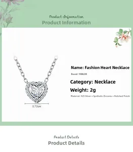 Détail du collier cœur en argent 925 avec zircon incrusté et dimensions de 0,72 cm