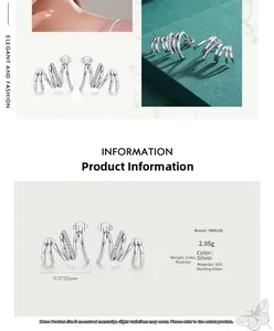 Detailed macro view of S925 sterling silver claw earrings with weight and size specifications