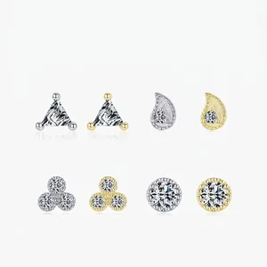Boucles d'Oreilles Clous Géométriques en Argent Sterling 925 pour Femme Zirconia Incrusté Plaqué Or Argent Boucles d'Oreilles Triangle Rond