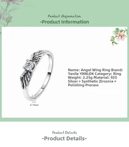 Detailed specs of S925 sterling silver angel wing ring with zirconia and 0.16cm band