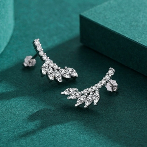 Elegant S925 sterling silver leaf stud earrings with marquise-cut sparkling zircon