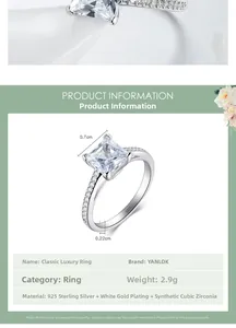 Detailed view of S925 sterling silver square zircon ring with 2.9g weight and dimensions