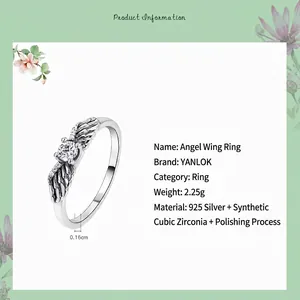 Vintage 925 sterling silver angel wing open ring with sparkling cubic zirconia stones