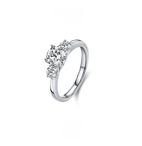 Close-up of S925 sterling silver stamp and three-stone zircon setting on the ring