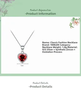 Détail d'un pendentif cœur en zircon rouge en argent S925 montrant la taille de 1cm