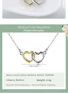 Detailed size specifications for S925 sterling silver interlocking heart necklace pendant