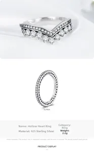 Détail de la bague cœur évidé en argent S925 avec zircon en V et dimensions du produit