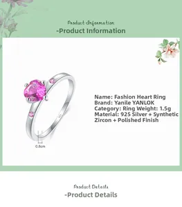 Détails de la bague en argent 925 avec une pierre de zircone rose en forme de cœur