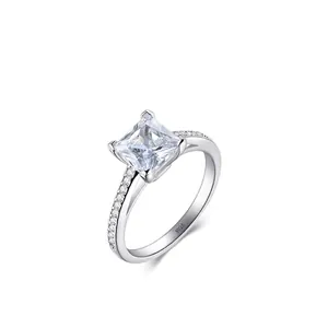 Minimalist S925 sterling silver square zircon ring with micro-pave setting on a white background