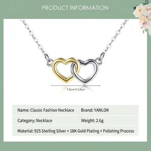 S925 sterling silver interlocking double heart pendant necklace with gold plating