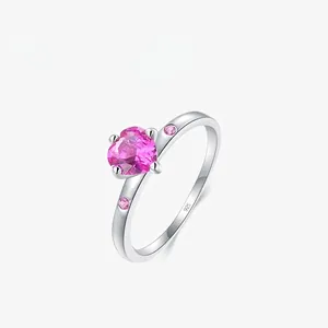 Bague Cœur en Argent Sterling S925 Zirconia Rose Trois Pierres Bague de Fiancée Bijoux Minimalistes Romantiques Femme