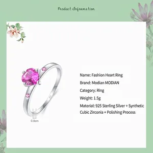Bague élégante en argent s925 avec zircon rose en forme de cœur et fini poli