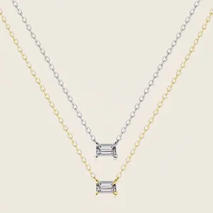 Collier Minimaliste en Argent Sterling 925 pour Femme Pendentif en Zirconia Taille Émeraude Rectangle Chaîne de Clavicule Bijoux