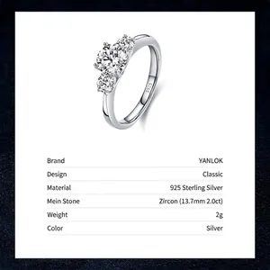 S925 sterling silver three-stone ring with 2.0ct cubic zirconia and polished band