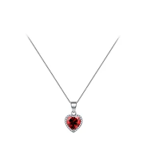 Collier en Argent Sterling 925 Cœur Pour Femmes Pendentif Élégant en Zirconia Rouge Chaîne Vénitienne Bijoux Cadeau Romantique