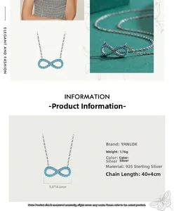 Macro detail of S925 silver infinity necklace with turquoise gemstone inlay and dimensions