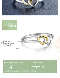 Macro detail of 925 sterling silver interlocking heart ring with 18k gold plating