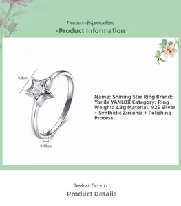 Bague étoile en argent sterling S925 avec zircon de 0,8cm et détails de dimensions
