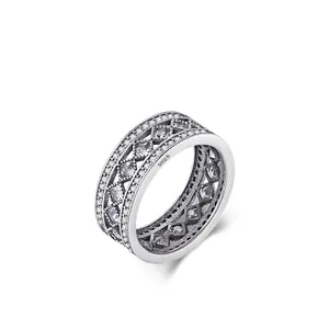 Bague Vintage en Argent Sterling 925 Géométrique Ajourée pour Femme Pavé Zirconia Large Anneau Bijoux de Mode