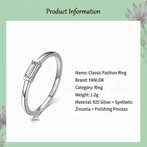 Anello classico in argento sterling S925 con zircone a taglio baguette e fascia sottile