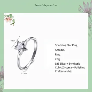 Bague en argent massif 925 avec étoile en zircon et dimensions détaillées du produit
