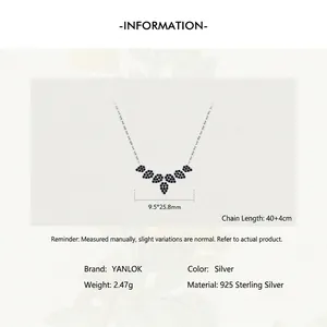 Collier en argent 925 avec pendentif feuille en zircons noirs et chaîne ajustable