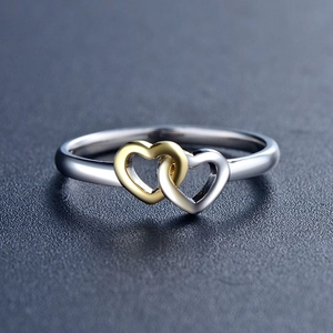 Polished S925 silver interlocking double heart ring with gold and silver finish