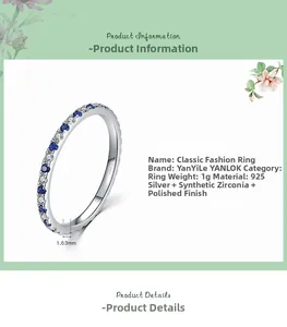 Detail view of 925 silver ring featuring blue and white CZ stones with 1.63mm width